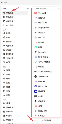 The model services section shows providers and the button to add a new one.