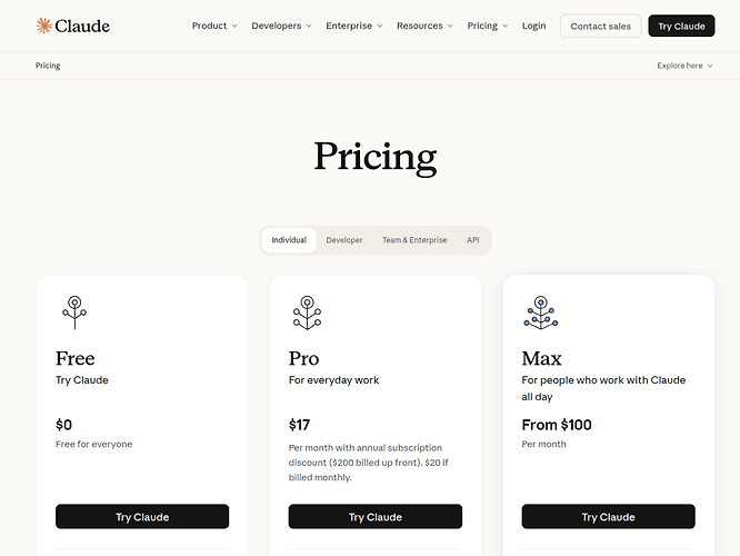 Plan cards from Claude's official pricing page