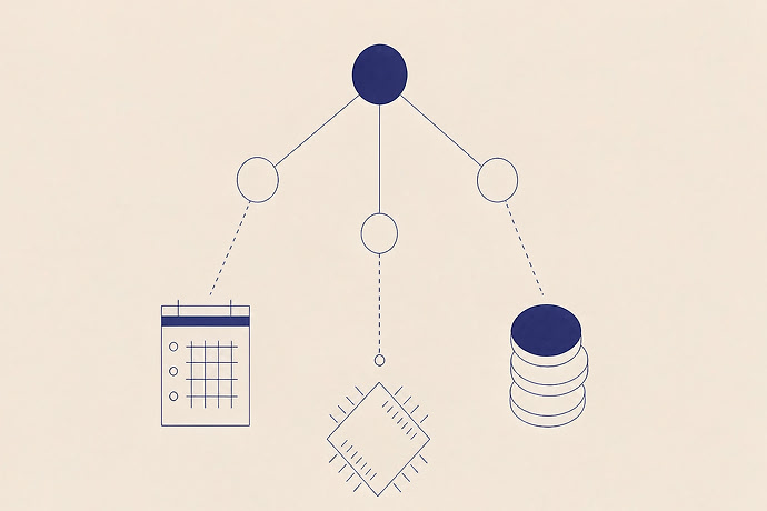 Illustration: a decision tree that branches from a top node towards a calendar card, a chip and a stack of coins