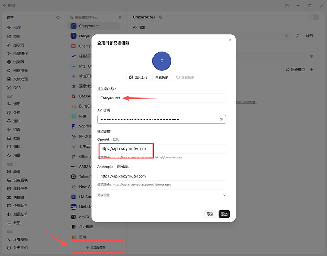 The custom provider dialog brings together the name, key, and endpoint addresses.
