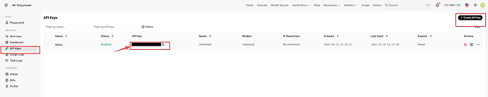 The API Keys section of the panel allows you to create a key; its content is hidden in the screenshot.