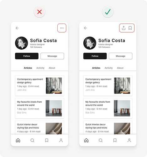 Ejemplo de consejos de diseño de interfaz de usuario con acciones ocultas detrás de un icono que se hacen visibles