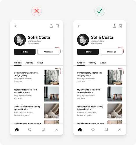 UI design tips example with consistent border radius applied to corners of article photos and buttons
