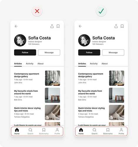 UI design tips example balancing the weight of icon and text pairs in a bottom navigation component by darkening the text